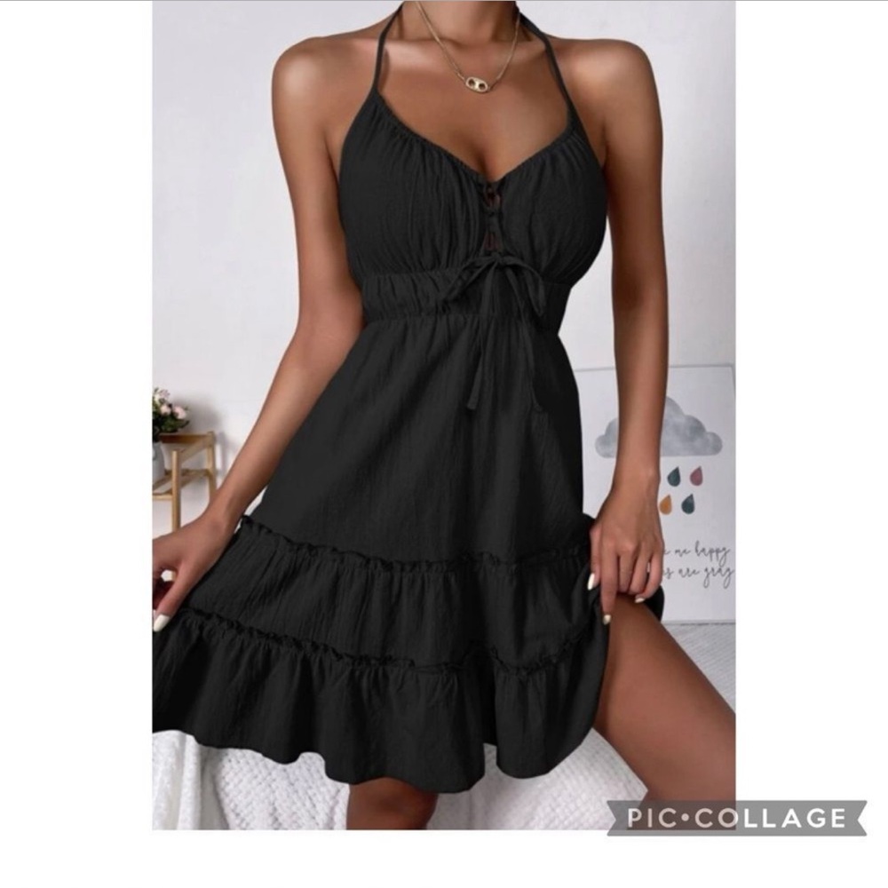 Black Halter Tie Open Back Sundress Med 6